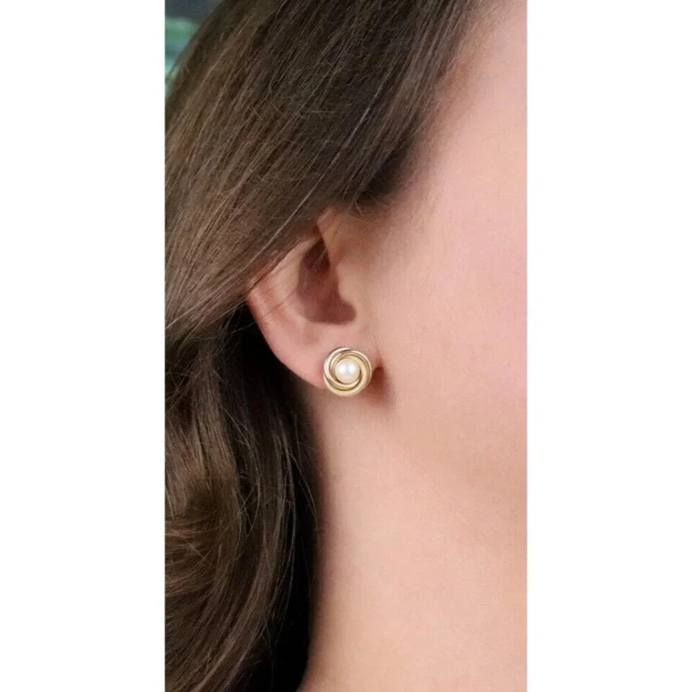 10k Yellow Gold Freshwater Pearl Knot Earrings Stud Post - Picture 4 of 9